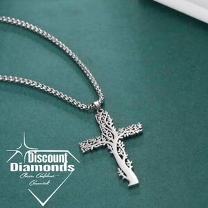 Choker Necklace Tree Of Life 18K White Gold Cross Titanium on 925 Silver